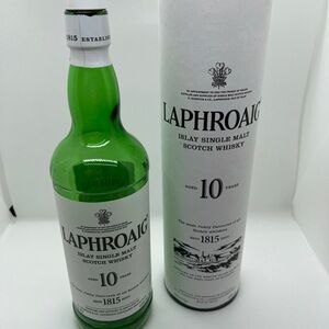 Laphroaig Ten 10 scotch bottle and sleeve